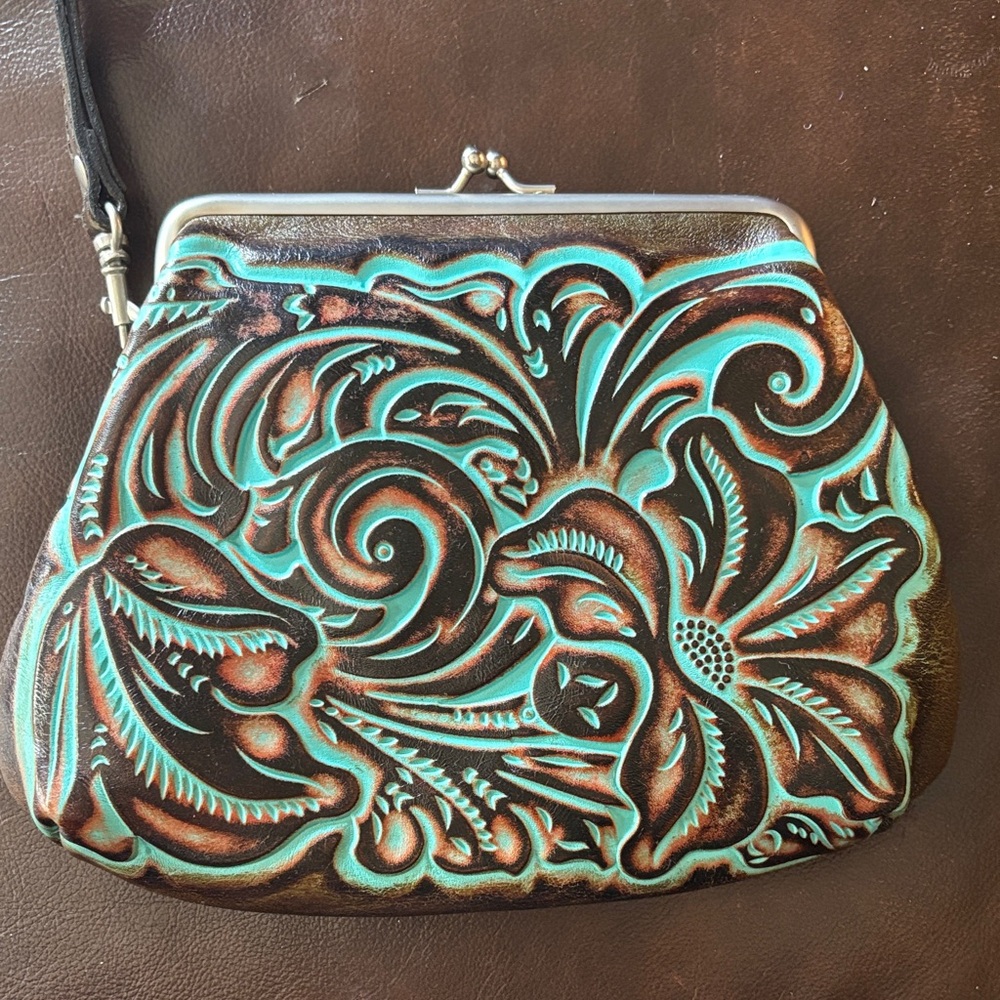 Patricia Nash Turquoise and Brown Embossed Clutch